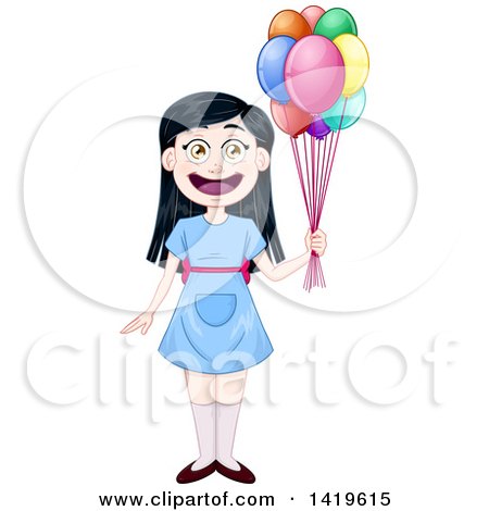 Clipart of a Happy Black Haired Girl in a Blue Dress, Holding Party Balloons - Royalty Free Vector Illustration by Liron Peer