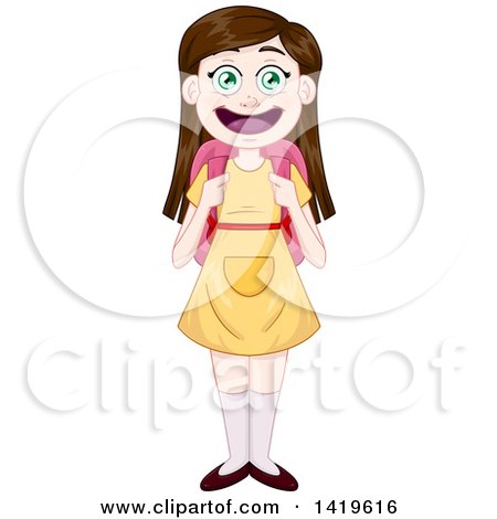 Clipart of a Happy Brunette Caucasian Girl Wearing a School Backpack and a Yellow Dress - Royalty Free Vector Illustration by Liron Peer