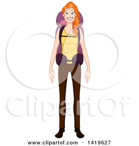 Clipart of a Happy Casual Red Haired Caucasian Woman Wearing a Travel or Hiking Backpack - Royalty Free Vector Illustration by Liron Peer