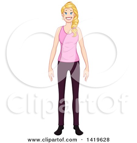 Clipart of a Happy Casual Blond Caucasian Woman in a Pink Tank Top - Royalty Free Vector Illustration by Liron Peer