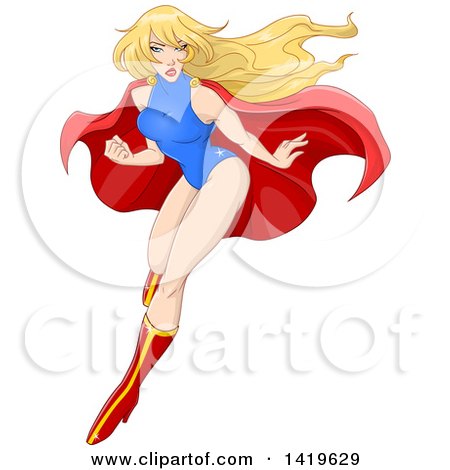 Clipart of a Blond Caucasian Super Woman Flying and Fighting - Royalty Free Vector Illustration by Liron Peer