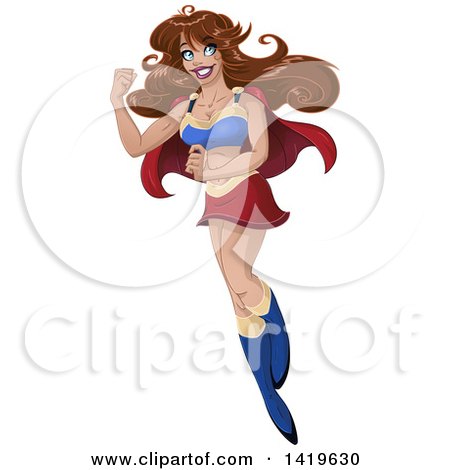 Clipart of a Brunette Super Woman Flying and Flexing Her Strong Arm - Royalty Free Vector Illustration by Liron Peer