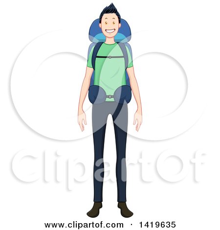 Clipart of a Cartoon Happy Casual Man Wearing a Hiking Backpack - Royalty Free Vector Illustration by Liron Peer