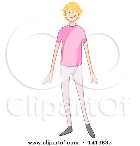 Clipart of a Cartoon Happy Blond Caucasian Man Wearing Pink - Royalty Free Vector Illustration by Liron Peer