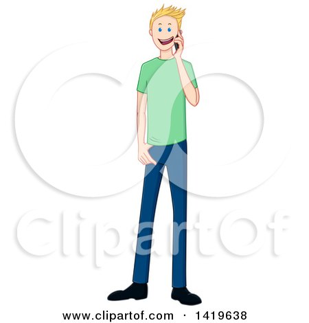 Clipart of a Cartoon Happy Casual Blond Caucasian Man Wearing a Green T Shirt and Talking on a Cell Phone - Royalty Free Vector Illustration by Liron Peer
