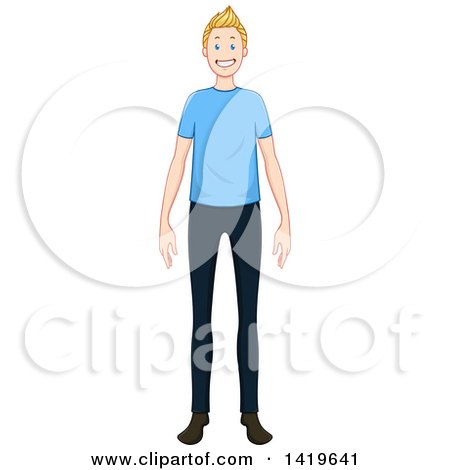 Clipart of a Cartoon Happy Casual Blond Caucasian Man Wearing a Blue T Shirt - Royalty Free Vector Illustration by Liron Peer