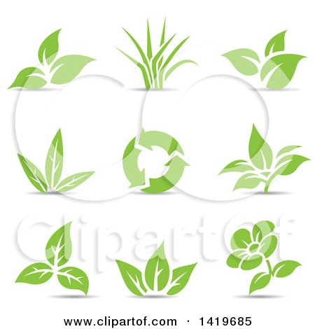 Clipart of Plant Leaves, a Flower and Recycle Arrows in Green, with Shadows - Royalty Free Vector Illustration by cidepix