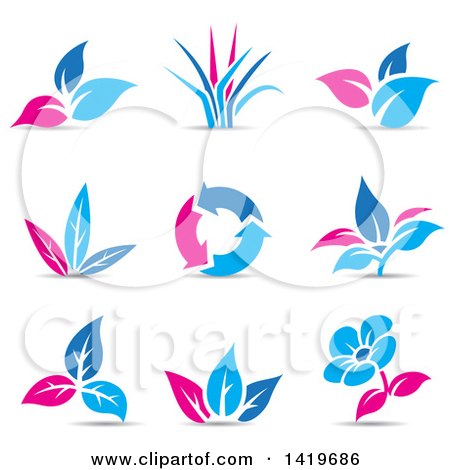 Clipart of Plant Leaves, a Flower and Recycle Arrows in Blue and Pink, with Shadows - Royalty Free Vector Illustration by cidepix