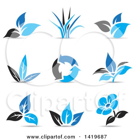 Clipart of Plant Leaves, a Flower and Recycle Arrows in Black and Blue, with Shadows - Royalty Free Vector Illustration by cidepix