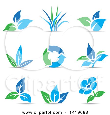 Clipart of Plant Leaves, a Flower and Recycle Arrows in Blue and Green, with Shadows - Royalty Free Vector Illustration by cidepix