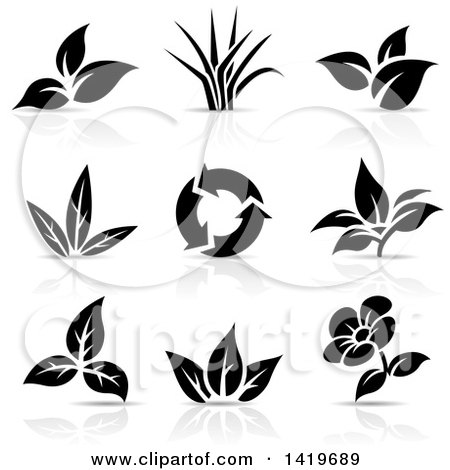 Clipart of Plant Leaves, a Flower and Recycle Arrows in Black and White, with Shadows - Royalty Free Vector Illustration by cidepix