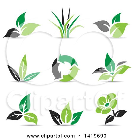 Clipart of Black and Green Plant Leaf and Eco Designs - Royalty Free Vector Illustration by cidepix