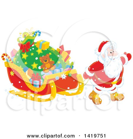 Clipart of Santa Pulling a Sleigh Full of Christmas Gifts - Royalty Free Vector Illustration by Alex Bannykh