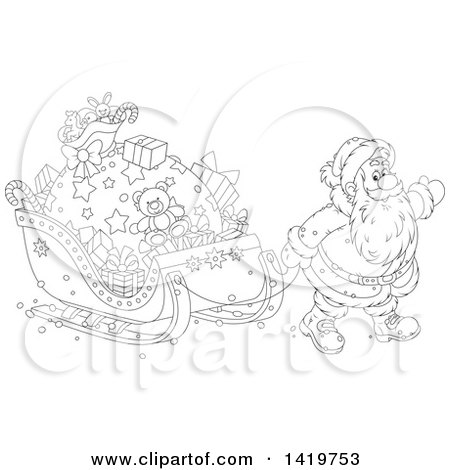 Clipart of a Black and White Lineart Christmas Santa Claus Pulling a Sleigh Full of Gifts - Royalty Free Vector Illustration by Alex Bannykh