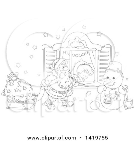 Clipart of a Black and White Lineart Boy Sleeping on Christmas Eve While Santa Peeks in His Window - Royalty Free Vector Illustration by Alex Bannykh