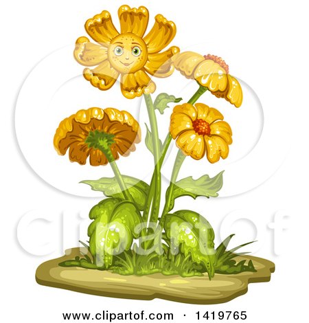 Clipart of a Flowering Plant with a Smiling Flower - Royalty Free Vector Illustration by merlinul