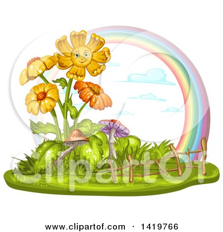 Clipart of a Smiling Flowering Plant with Mushrooms and a Rainbow - Royalty Free Vector Illustration by merlinul