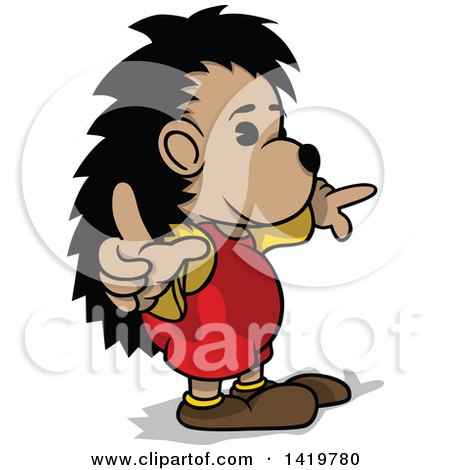 Clipart of a Cartoon Hedgehog Wearing Clothes and Pointing - Royalty Free Vector Illustration by dero
