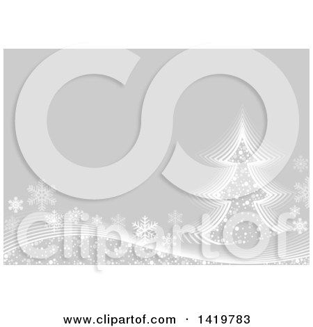 Clipart of a Christmas Background with a Tree, Snowflakes and Waves on Gray - Royalty Free Vector Illustration by dero