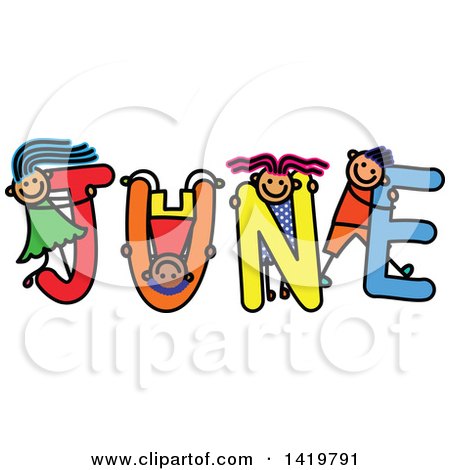 Clipart of a Doodled Sketch of Children Playing on the Word June - Royalty Free Vector Illustration by Prawny