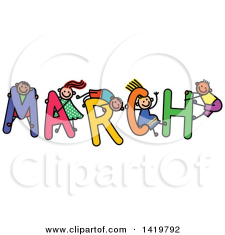 Clipart of a Doodled Sketch of Children Playing on the Word March - Royalty Free Vector Illustration by Prawny