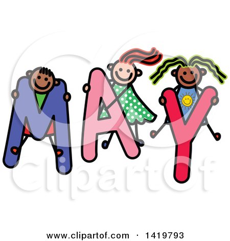 Clipart of a Doodled Sketch of Children Playing on the Word May - Royalty Free Vector Illustration by Prawny