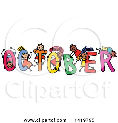 Clipart of a Doodled Sketch of Children Playing on the Word October - Royalty Free Vector Illustration by Prawny