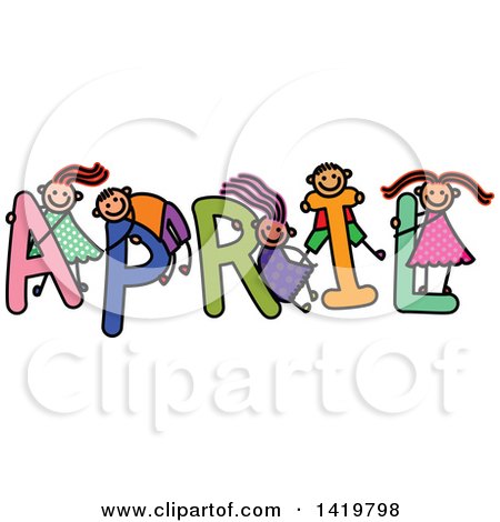 Clipart of a Doodled Sketch of Children Playing on the Word April - Royalty Free Vector Illustration by Prawny