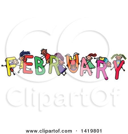 Clipart of a Doodled Sketch of Children Playing on the Word February - Royalty Free Vector Illustration by Prawny