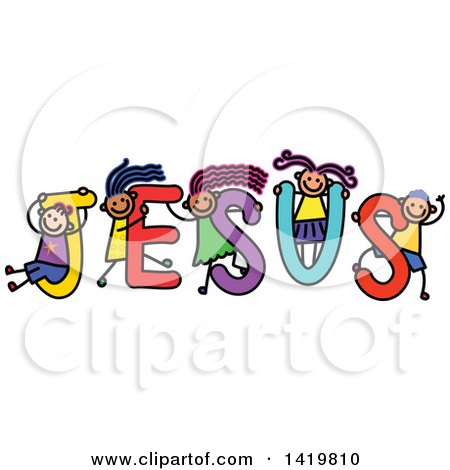 Clipart of a Doodled Sketch of Children Playing on the Word Jesus - Royalty Free Vector Illustration by Prawny
