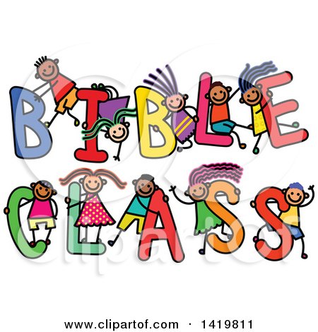 Clipart of a Doodled Sketch of Children Playing on the Words Bible Class - Royalty Free Vector Illustration by Prawny