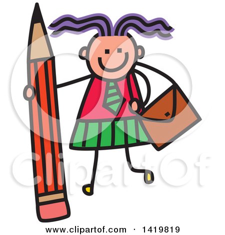 Clipart of a Doodled Sketched School Girl with a Giant Pencil - Royalty Free Vector Illustration by Prawny