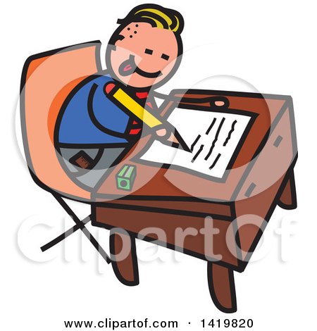Clipart of a Doodled Sketched School Boy Writing at a Desk - Royalty Free Vector Illustration by Prawny