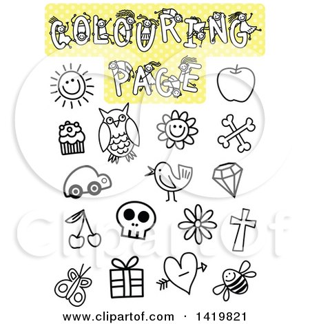 Clipart of a Coloring Page with Different Outlined Items - Royalty Free Vector Illustration by Prawny