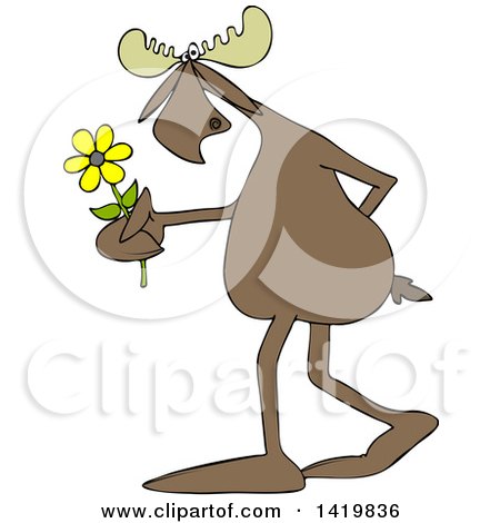 Clipart of a Cartoon Moose Walking Upright and Holding a Flower - Royalty Free Vector Illustration by djart