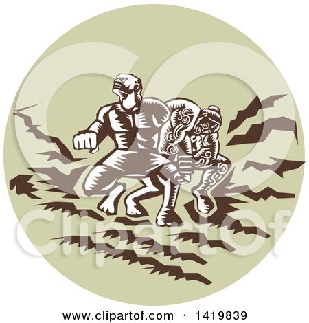 Clipart of a Retro Woodcut Scene of the Samoan Legend Tiitii Wrestling the God of Earthquake and Breaking His Arm in a Green Circle - Royalty Free Vector Illustration by patrimonio