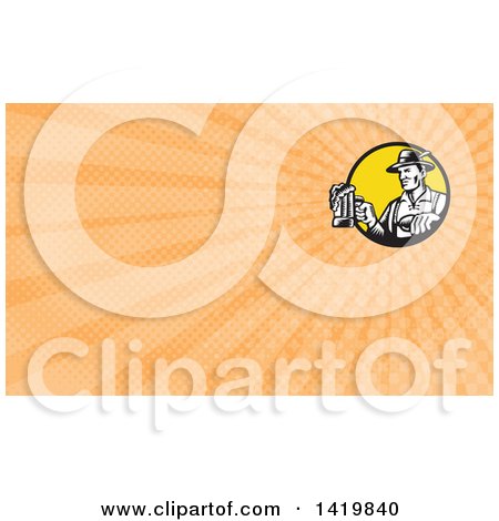 Clipart of a Retro Black and White Woodcut German Man Wearing Lederhosen and Raising a Beer Mug for a Toast and Orange Rays Background or Business Card Design - Royalty Free Illustration by patrimonio