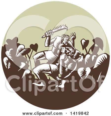 Clipart of a Retro Woodcut Samoan Legend Wielding a Club Nifo'oti Weapon Defeating the God with Taro Plant in a Circle - Royalty Free Vector Illustration by patrimonio