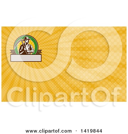 Clipart of a Retro Brown and White Woodcut Male Farmer Holding a Scythe and Yellow Rays Background or Business Card Design - Royalty Free Illustration by patrimonio