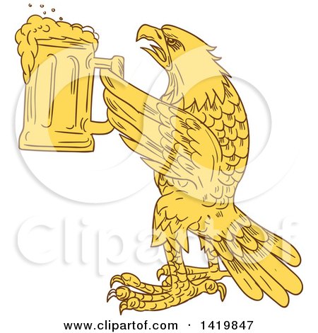 Clipart of a Yellow Sketched Bald Eagle Holding up a Beer Mug - Royalty Free Vector Illustration by patrimonio