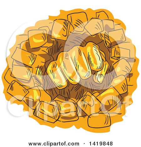 Clipart of a Sketched Orange Fist Breaking Through a Stone Wall - Royalty Free Vector Illustration by patrimonio
