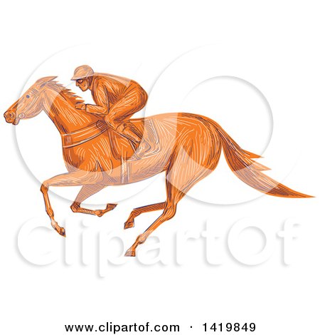 Clipart of a Sketched Orange Jockey Racing a Horse - Royalty Free Vector Illustration by patrimonio