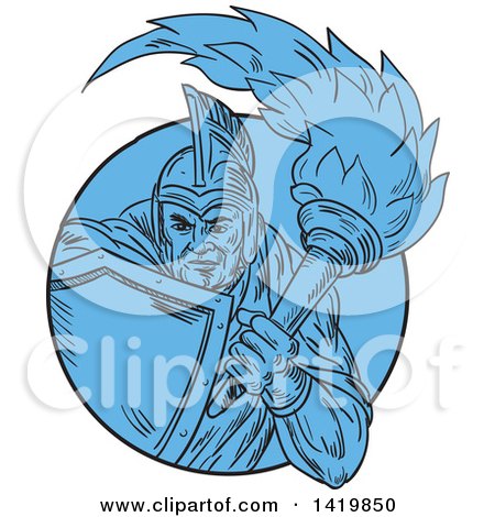 Clipart of a Blue Sketched Centurion Roman Soldier Gladiator Holding Flaming Torch and Shield, Emerging from a Circle - Royalty Free Vector Illustration by patrimonio
