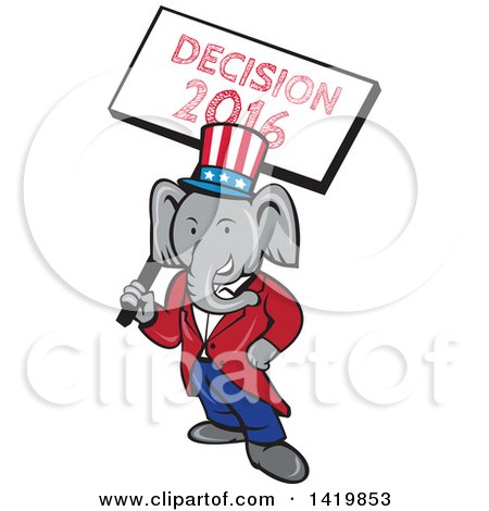 Clipart of a Retro Cartoon Political Republican Elephant Holding a Decision 2016 Sign - Royalty Free Vector Illustration by patrimonio