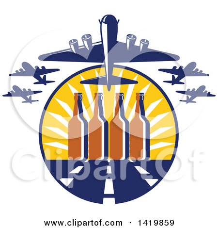 Clipart of Retro WWII B-17 Flying Fortress Bombers Taking off over Beer Buttles and a Runway - Royalty Free Vector Illustration by patrimonio