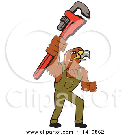 Clipart of a Cartoon Hawk Plumber Man Holding up a Monkey Wrench - Royalty Free Vector Illustration by patrimonio