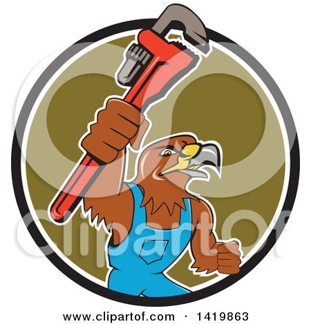 Clipart of a Cartoon Hawk Plumber Man Holding up a Monkey Wrench, Emerging Rom a Circle - Royalty Free Vector Illustration by patrimonio