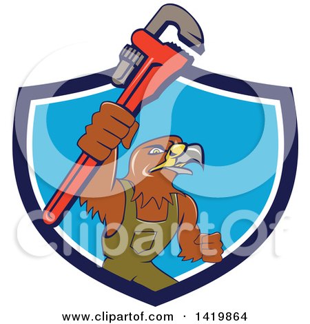 Clipart of a Cartoon Hawk Plumber Man Holding up a Monkey Wrench, Emerging Rom a Blue and White Shield - Royalty Free Vector Illustration by patrimonio