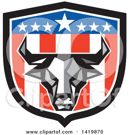 Clipart of a Low Polygon Style Bull Head over an American Themed Shield - Royalty Free Vector Illustration by patrimonio