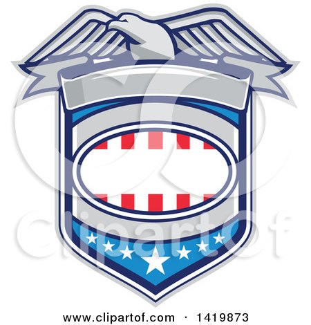 Clipart of a Retro Bald Eagle over an American Shield - Royalty Free Vector Illustration by patrimonio